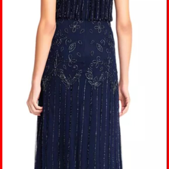Adrianna Papell Beaded Short-Sleeve Sheer-Overlay Gown - Navy - Women's Size 10 - Picture 3 of 8